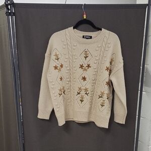 Cream Crewneck Sweater with Tan Floral Embroidery